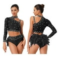 thumbnail image 6 of iiniim Women's Lyrical Jazz Dance Outfits One Shoulder Crop Top with Feather Briefs Skirt Dancewear Black L, 6 of 7