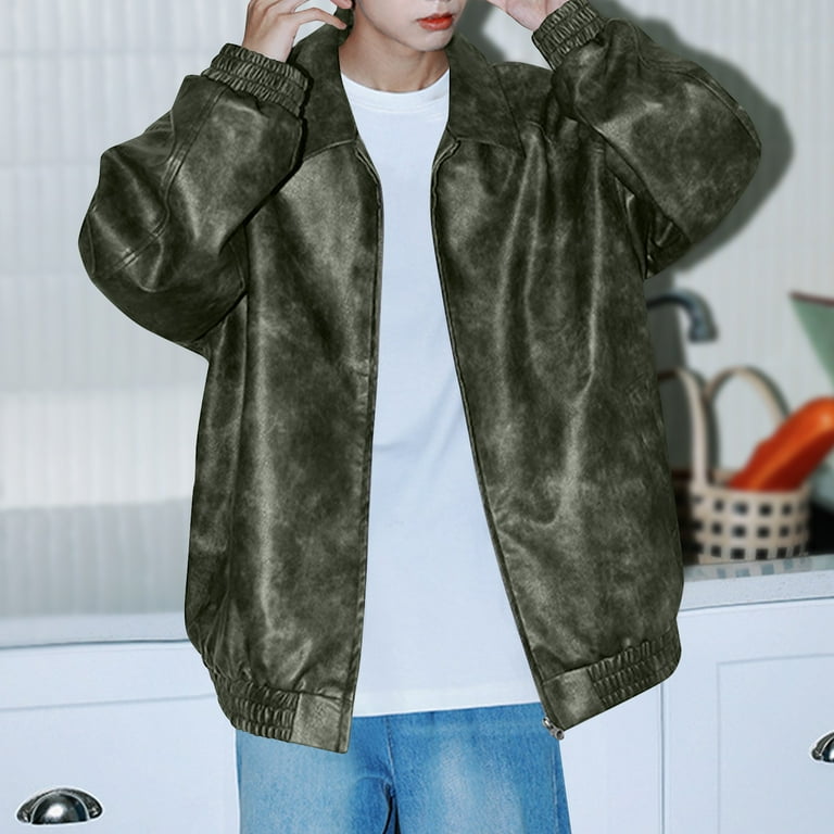 Maoxin Men Leather Jacket Fashion Men's Solid Color Long Sleeve