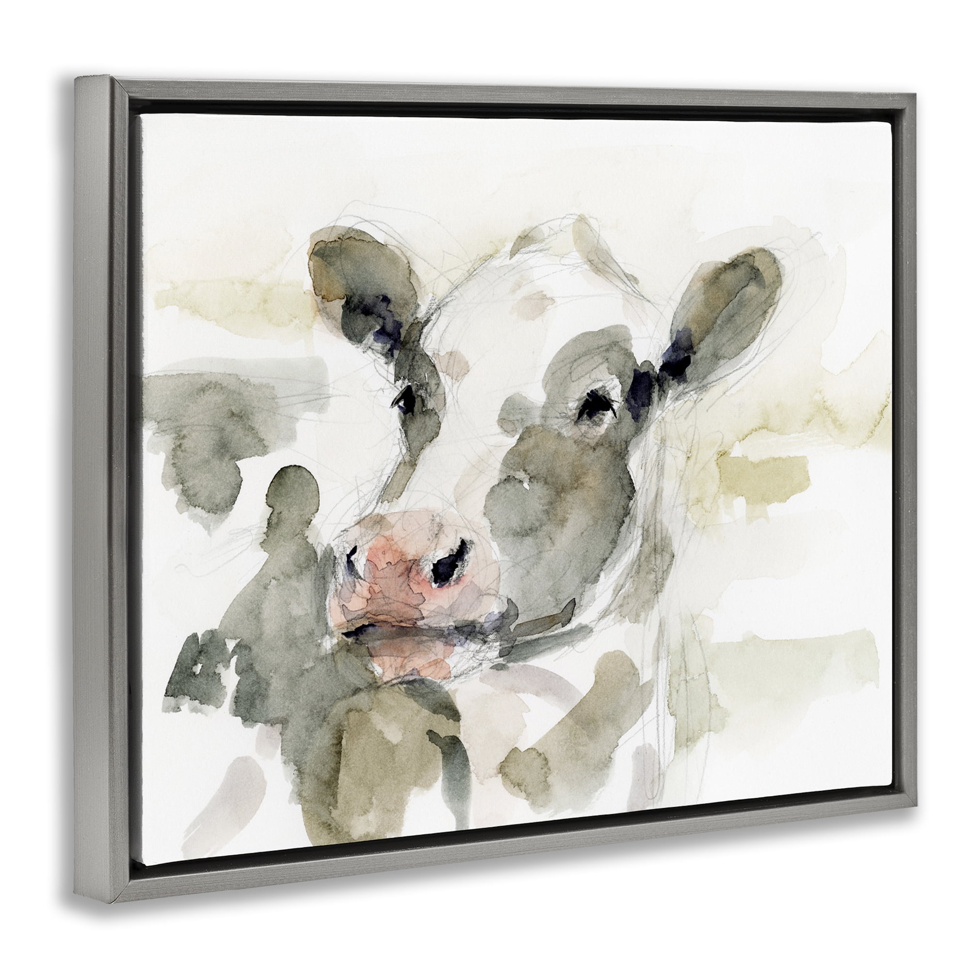 Stupell Industries Soft Painterly Cow Animals & Insects Painting Gray Floater Framed Canvas Art Print Wall Art, 21 x 17