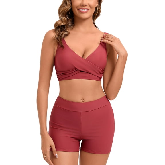 Busydd Swimsuit for Women S-3XL 2 Piece High Waisted Bikini Set Trendy V Neck Pleated Bathing Suit Solid Color Swim Suits with Boyshorts