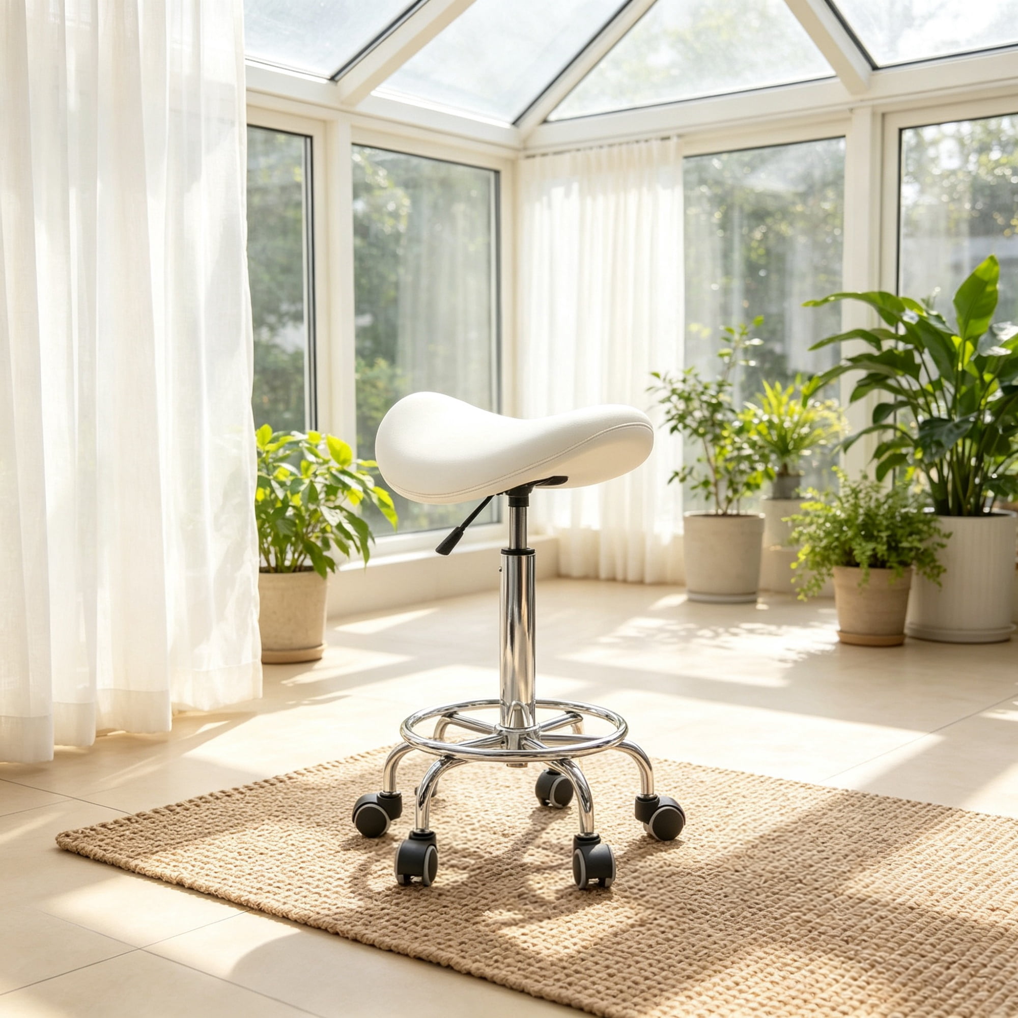 PU Leather Saddle Rolling Stool, Adjustable Height with Wheels for Massage, Spa, Beauty Tattoo, White