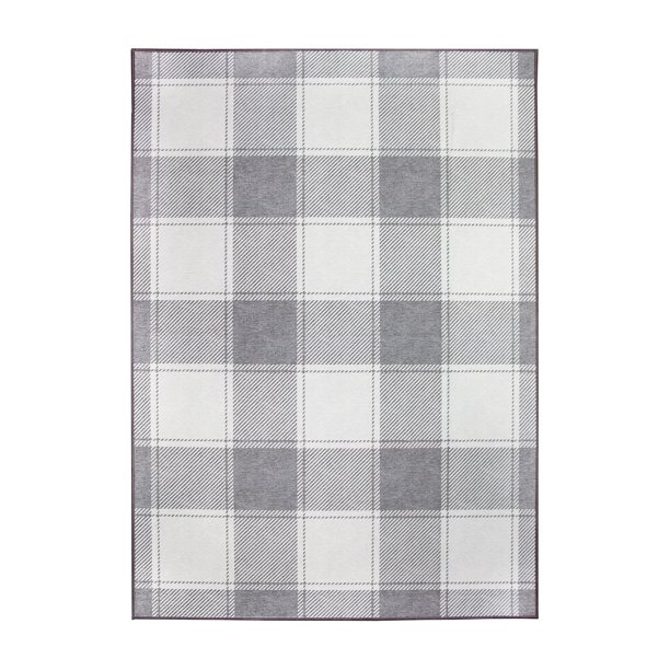 My Magic Carpet Machine Washable Area Rug Buffalo Plaid Grey And White