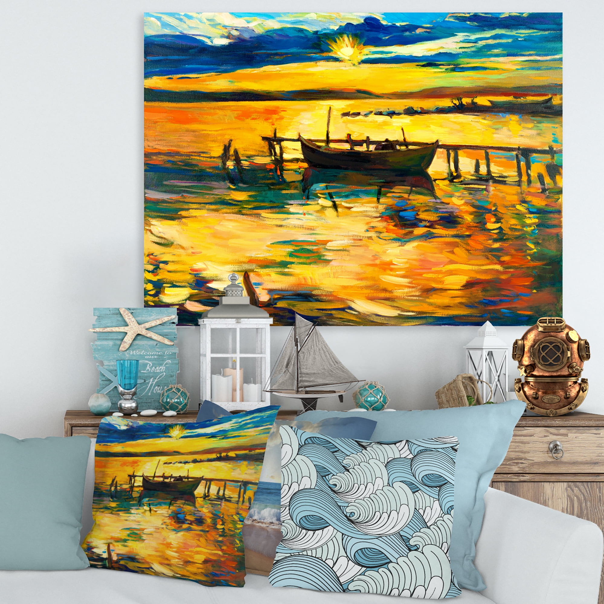 Designart ' Boat At The Lake During Evening Glow VI ' Nautical & Coastal Canvas Wall Art Print