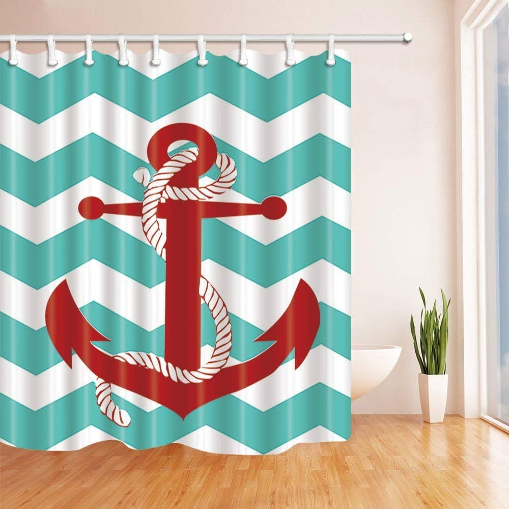 BPBOP Nautical Marine Long Red Anchor on Turquoise Stripes Polyester Fabric Bath Curtain
