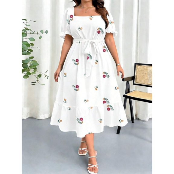 Multicolor Women Plus Size Summer Floral Embroidered Square Neck Puff Sleeve Midi Dress