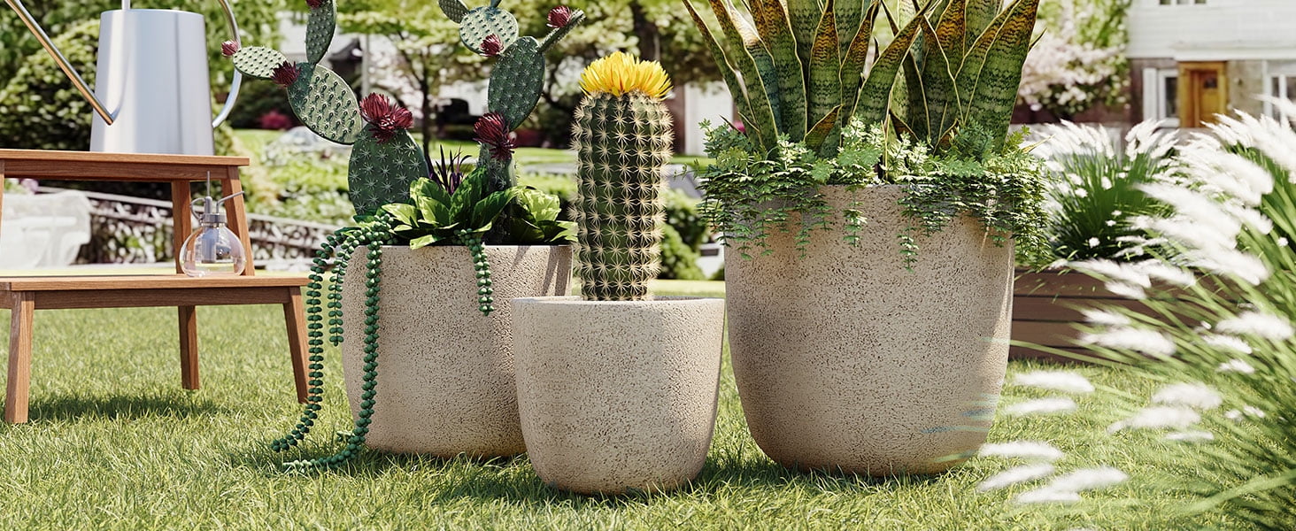 Mintazer Modern Planter Set of 3, 16.9"+13.9"+11.22" Dia Round Stackable Flower Pots with Drainage Holes and Rubber Plug, Decorative Plant Pots for Indoor & Outdoor, Beige