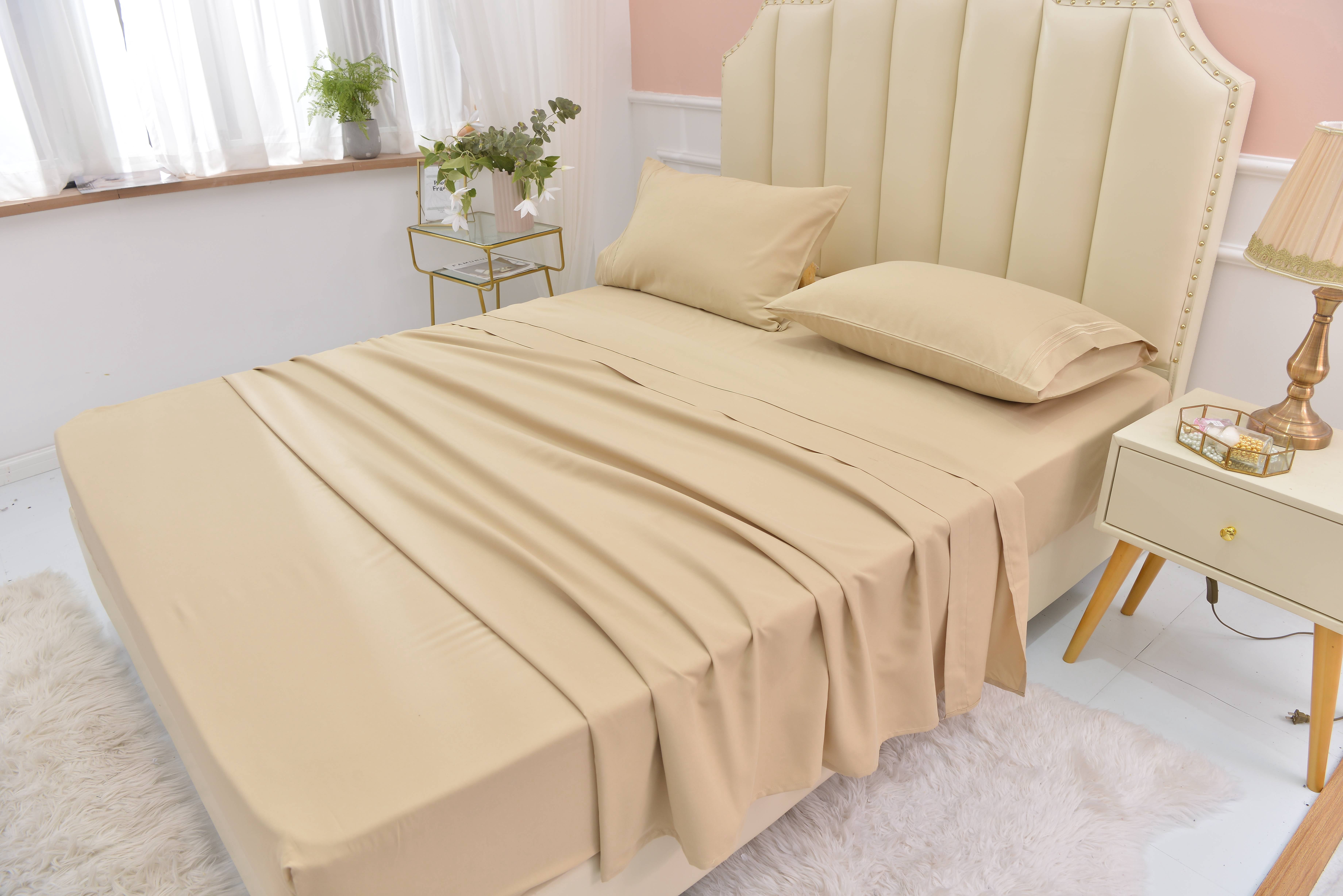 Split King Size Bamboo Derived Rayon Bed Sheet Set - Softer than Cotton Sheets Split King Size - Wrinkle Free - 16" Deep Pockets - 5 Piece - 2 Fitted Sheet, 1 Flat, 2 Pillowcases Split King Beige