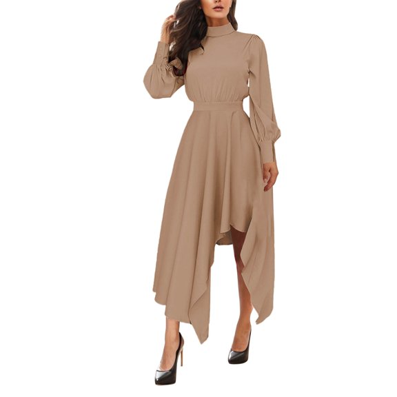 Sngxgn Women's Dresses Ribbed Long Sleeve Square Neck Tops Mini Dress(Khaki,S)