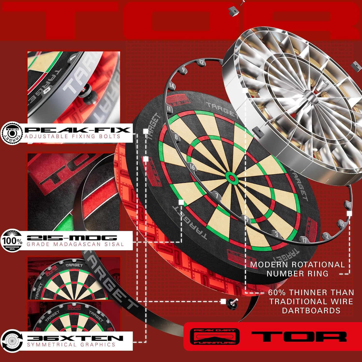 Target Darts TOR Dartboard, Steel Tip Dart Board,Competition Standard Steel Tip Dartboards with Fixing Kit, Modern Rotational Number Ring, Premium Madagascan Sisal, Stainless Steel Thin Wire System