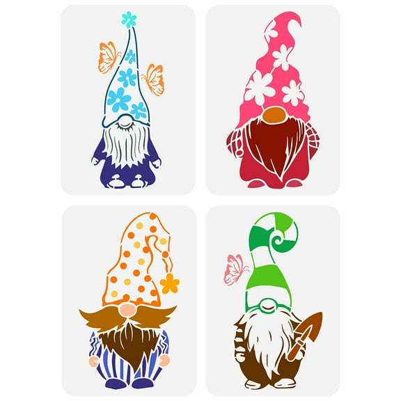 1set 4pcs Garden Gnome Stencil 8.3x11.7inch Reusable Flower Gnome Painting Template DIY Craft Small Dwarf Decoration Stencil for Painting on Wall Wood Tile and Furniture