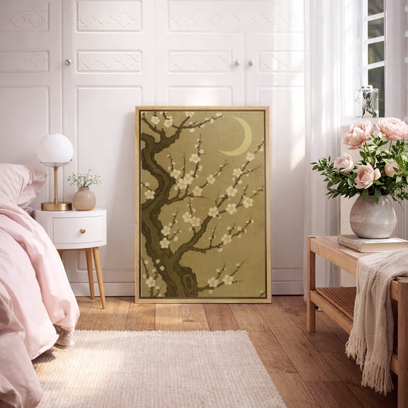 Framed Canvas Print Cherry Blossoms Wall Art Japandi Decorative for Living Room Bedroom - 16"x24" NATURAL