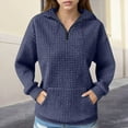 thumbnail image 4 of Women's Waffle Knit Lapel Collar Half Zip Pocket Sweatshirt, Solid Color Long Sleeve Pullover Top with Soft Comfort Fabric for Casual Daily Wear, Street Fashion and Versatile Outfits Blue M, 4 of 7