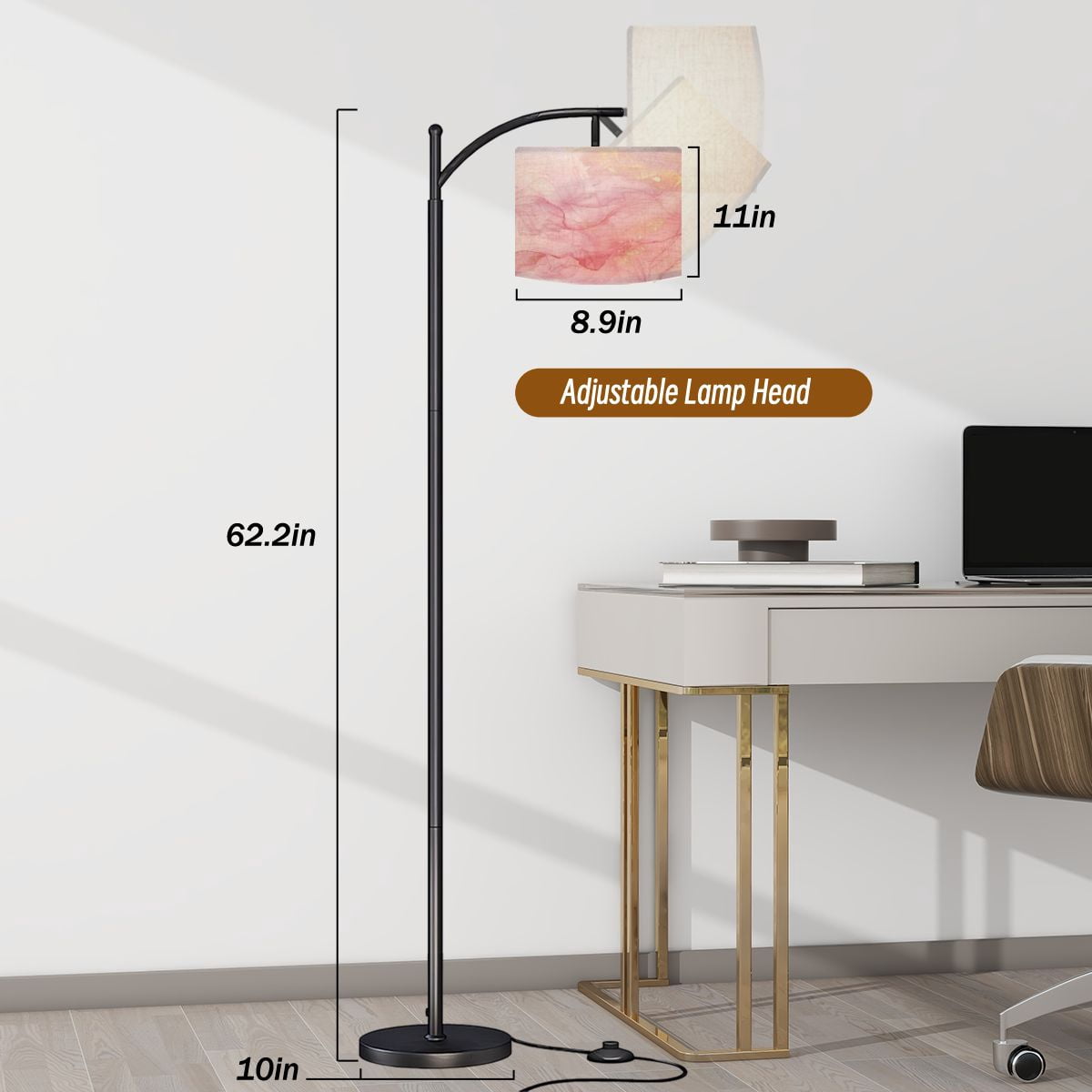 Arc Floor Lamps Rose pink liquid watercolor golden dots Dusty blush marble alcohol ink Modern LED Adjustable Lampshade Standing Light for Living Room Reading Bedroom Office