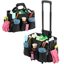 Rolling Cleaning Caddy Bag with Detachable Trolley, Professional Portable Large Cleaning Bag with Wheels, Wearable Cleaning Supply Bag on Wheels for Housekeepers, Black
