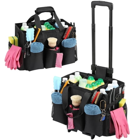 Rolling Cleaning Caddy Bag with Detachable Trolley, Professional Portable Large Cleaning Bag with Wheels, Wearable Cleaning Supply Bag on Wheels for Housekeepers, Black