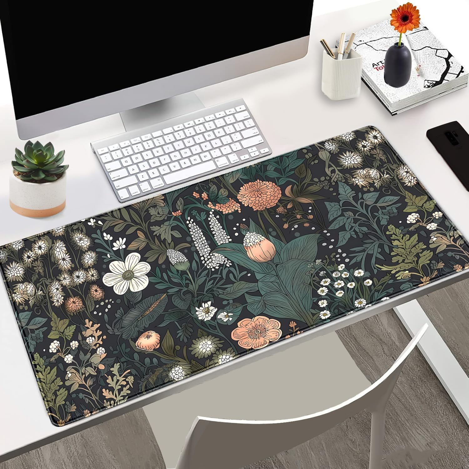 Dark Flower Desk Mat Floral Plants Mouse Pad Boho Aesthetic Wildflowers Large Gaming Mousepad Desk Pad, XXL Keyboard Mouse Mat Full Desktop Mat Women Office Desk Accessories 31.5"x15.7"