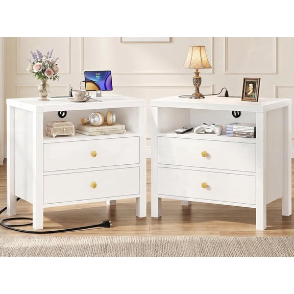 Homieasy Nightstand with Charging Station, 23.6'' Large Bedside Table with Wooden Drawers, Set of 2, White