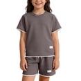 thumbnail image 2 of SGFCWSX Boys 2 Piece Outfits Waffle Knit Short Sleeve T-shirt and Shorts Set Summer Casual Athletic Clothes with Pockets Coffee Size 5T, 2 of 7