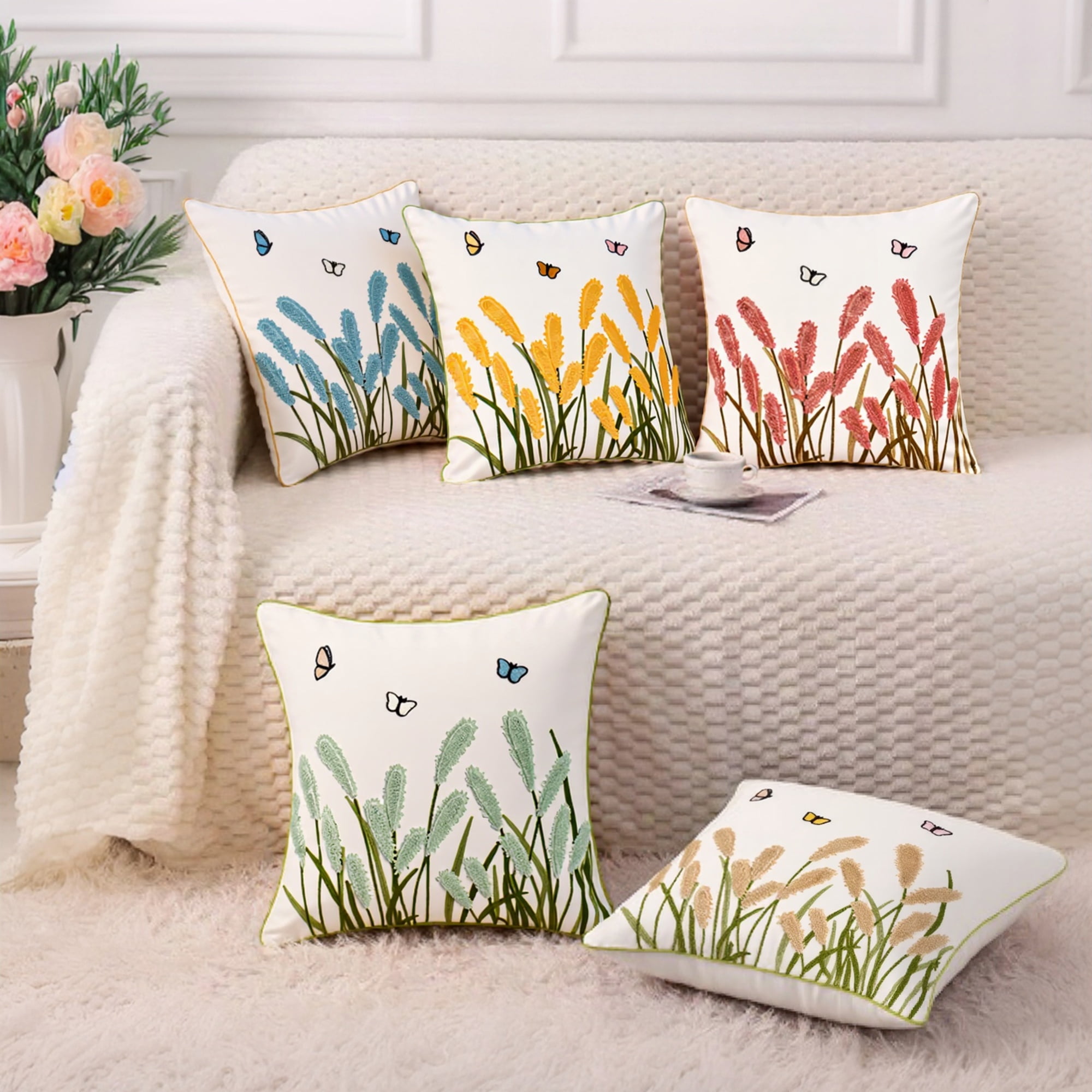 Unique Bargains Cotton Boho Plant Embroidery Soft Square Throw Pillow Covers Green