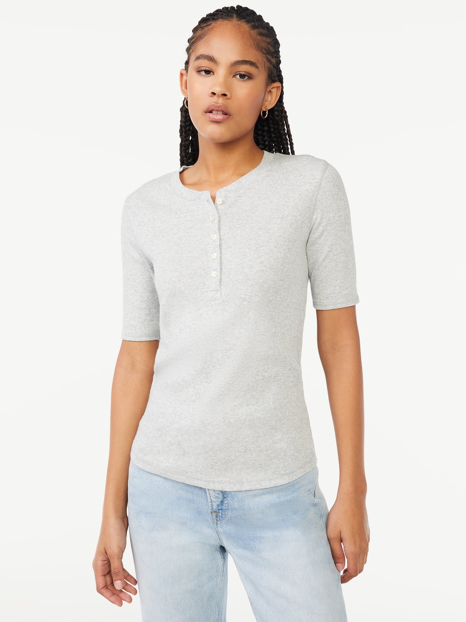 Free Assembly Women's Rib Henley Tee with Short Sleeves