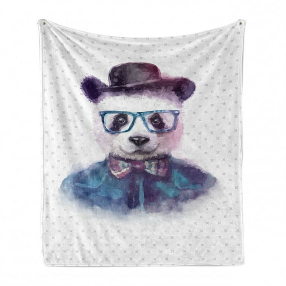 Funny Soft Flannel Fleece Throw Blanket, Vintage Hipster Panda with Bow Tie Dickie Hat Horn Rimmed Glasses Watercolor Style, Cozy Plush for Indoor and Outdoor Use, 70" x 90", Black Blue, by Ambesonne