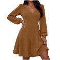 thumbnail image 2 of Karymi Summer Dress Brushed Ribbed Knit Mini Dress Deep V Neck Lantern Long Sleeve High Waist Flared Ruffle Hem Casual Fall Short Dress, 2 of 8