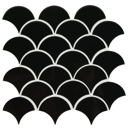 Retro Nero Scallop 13.11 in. x 9.96 in. x 8 mm Glossy Porcelain Mesh-Mounted Mosaic Tile (9.1 sq. ft. / case)