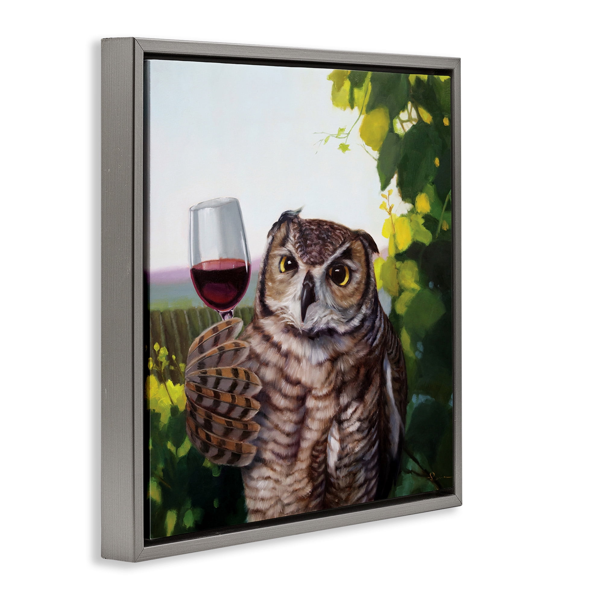 Stupell Industries Owl Drinking Red Wine Animals & Insects Painting Gray Floater Framed Canvas Art Print Wall Art, 25 x 25