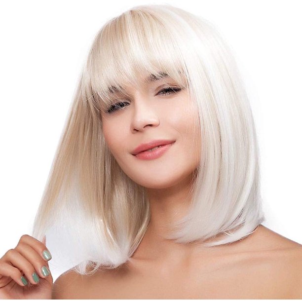 Creamy Champaign White Short Platinum Wig With Bangs Ombre To