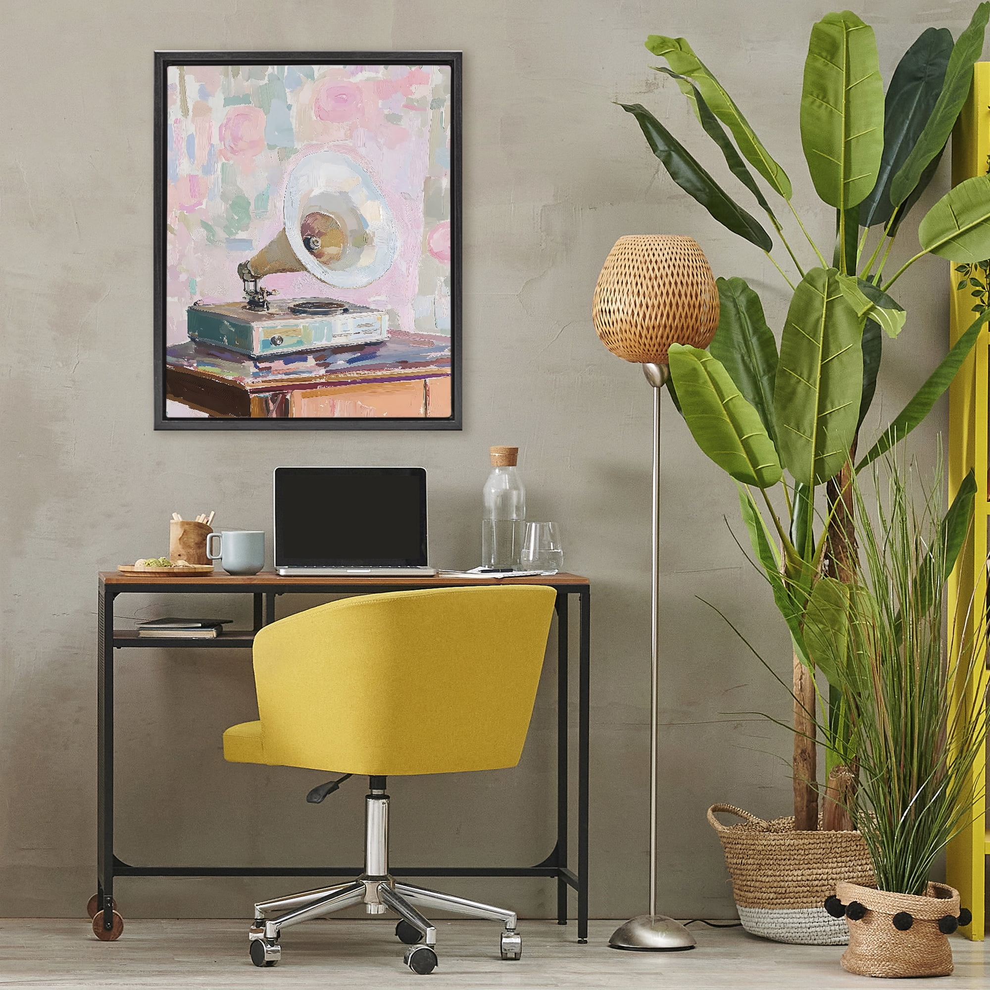Stupell Industries Vintage Gramophone in Soft Pastels Black Framed Floater Canvas Wall Art, design by The Prints Vibe