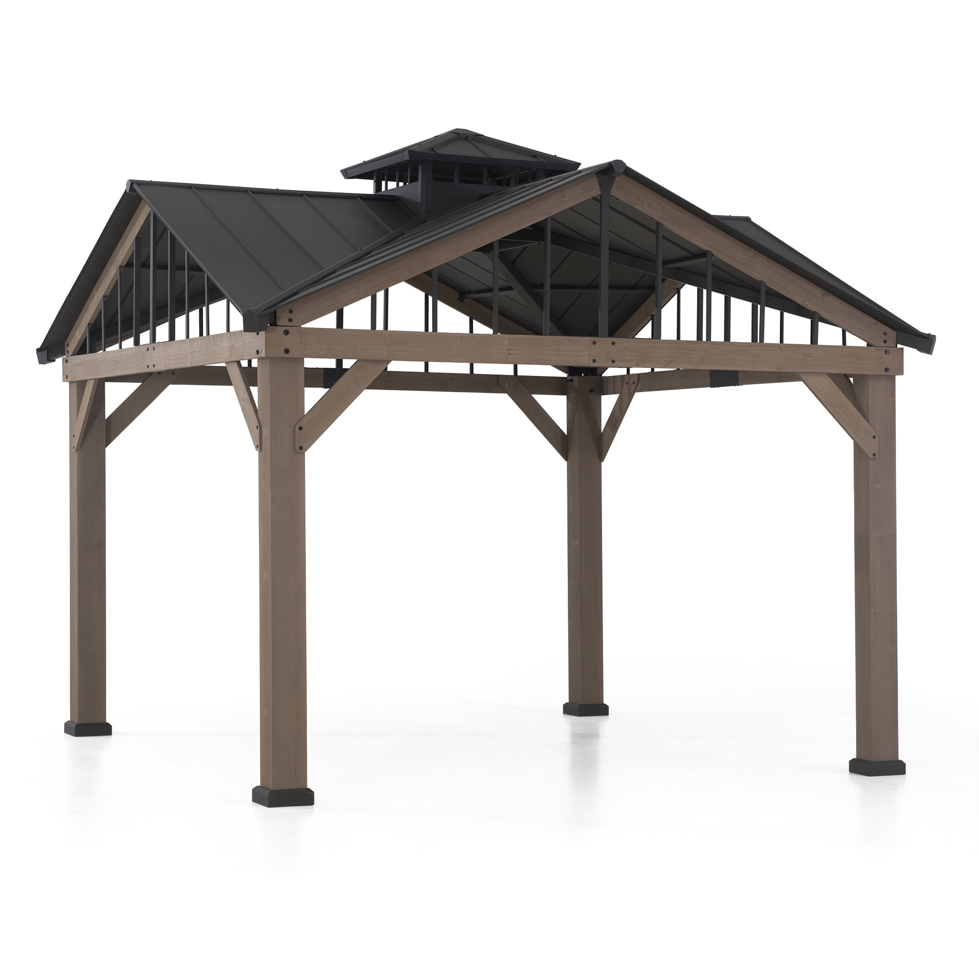 Sunjoy 12’ x 12’ Black 2-Tier Wooden Frame Outdoor Hardtop Gazebo With Ceiling Hook for Patio, Backyard, and Garden