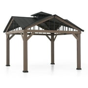 Sunjoy 12’ x 12’ Black 2-Tier Wooden Frame Outdoor Hardtop Gazebo With Ceiling Hook for Patio, Backyard, and Garden