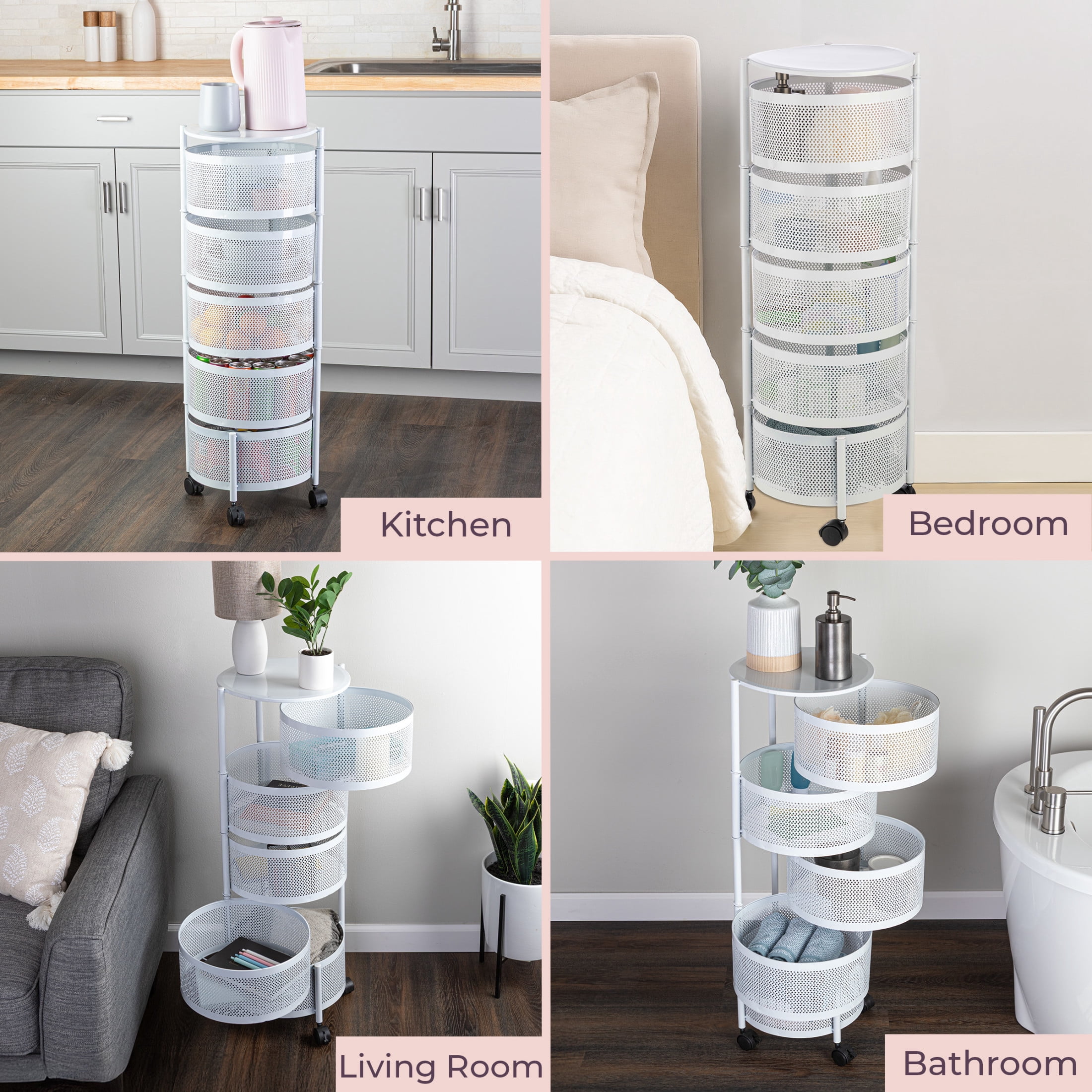 Home-Complete 5 Tier Kitchen Storage Rolling Cart with Wheels (White)