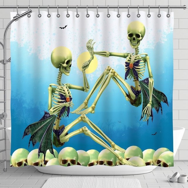 Rideau de Douche d'Halloween Fantaisiste avec Squelettes, Chauves-Souris et Lune