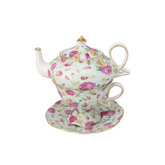 Gracie China by Coastline Imports 4-Piece Porcelain Tea for One Stacked Teapot Cup Saucer Blue Cottage Rose Chintz