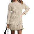 thumbnail image 2 of Robe Chandail en Tricot Torsadé pour Femmes, Col Ras du Cou, Manches Longues, Mini-Robe Plissée, Style Deux-en-un, Robe Patchwork, Blanc Laiteux, m, 2 of 7