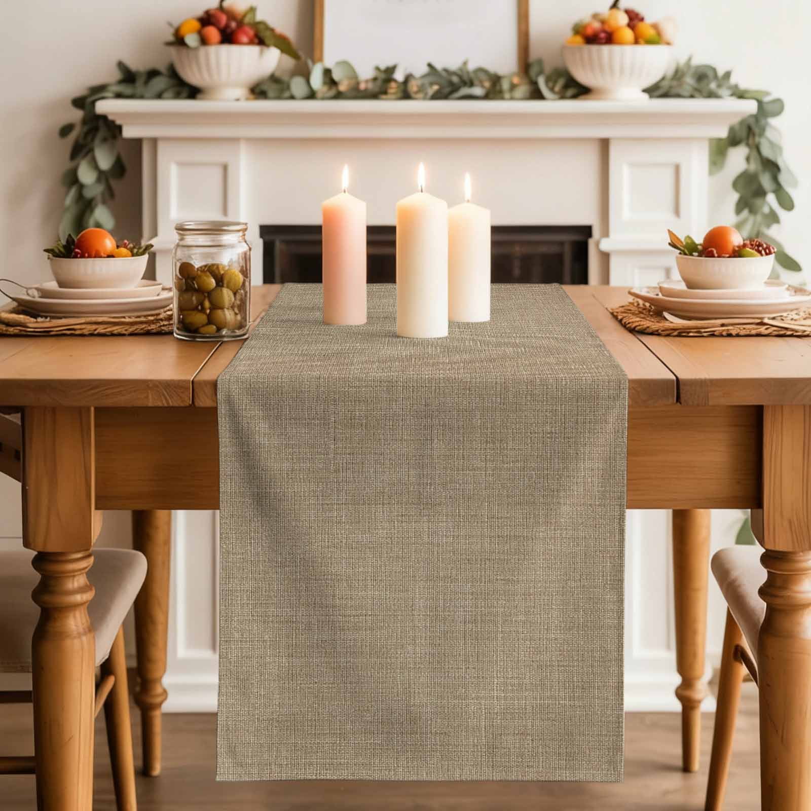 Brown Farmhouse Table Runner, Vintage Country Monochrome Textured Washable Cotton Linen Table Runners 36 Inches Long, Dresser Scarf Runner for Nightstand/End Tables/Round Tables 13''x36''