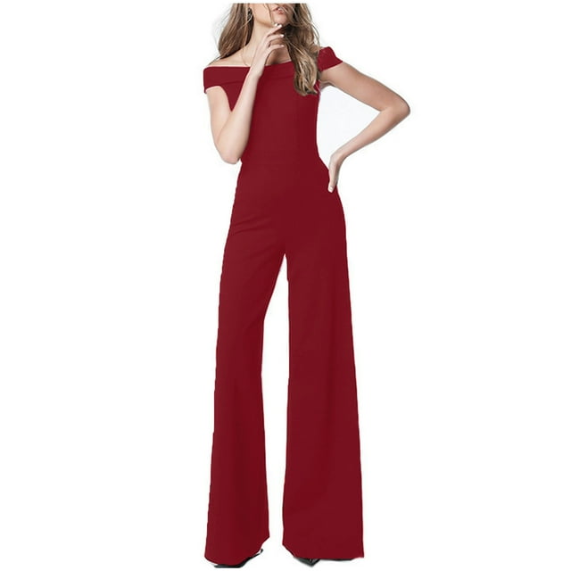 aidice Dressy Jumpsuits for Women Office Off-Shoulder Slim Fitting Comfy Solid Color Work Flare Leggings Rompers