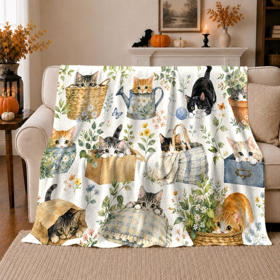 Playful Watercolor Kittens Baskets Tins Whimsical Cat Art, Playful Pet Portrait Pattern, Warm Flannel Blanket for Living Room and Bedroom, Cat Lovers Just Because Gift, Pet Lover Home Decor