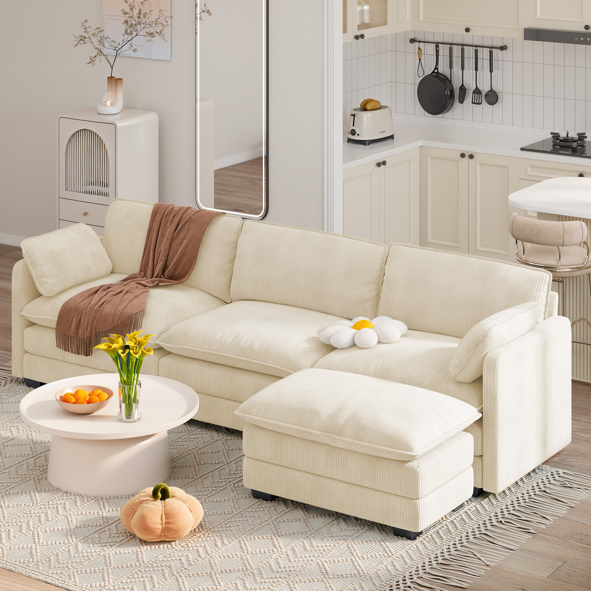 Sectional L-Shaped Sofa, Lofka Modular Comfy Cloud Sofa with Movable Ottoman and Soft Seat Cushion, 440lbs, Beige