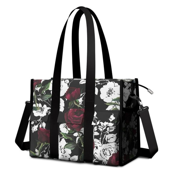 Teacher Tote Bag,Pioneer Flower Floral Print Pattern Teacher Utility Tote Bag,Large Work Tote Bags for Women with Multiple Pockets,Top Zipper Closure,13.8x10.6x6.7 Inch