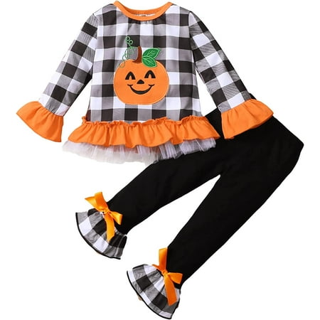 

Toddler Baby Girls Halloween 3PCS Outfits Long Sleeve Letters Tops Pumpkin Bell-Bottoms Flare Pants with Headband