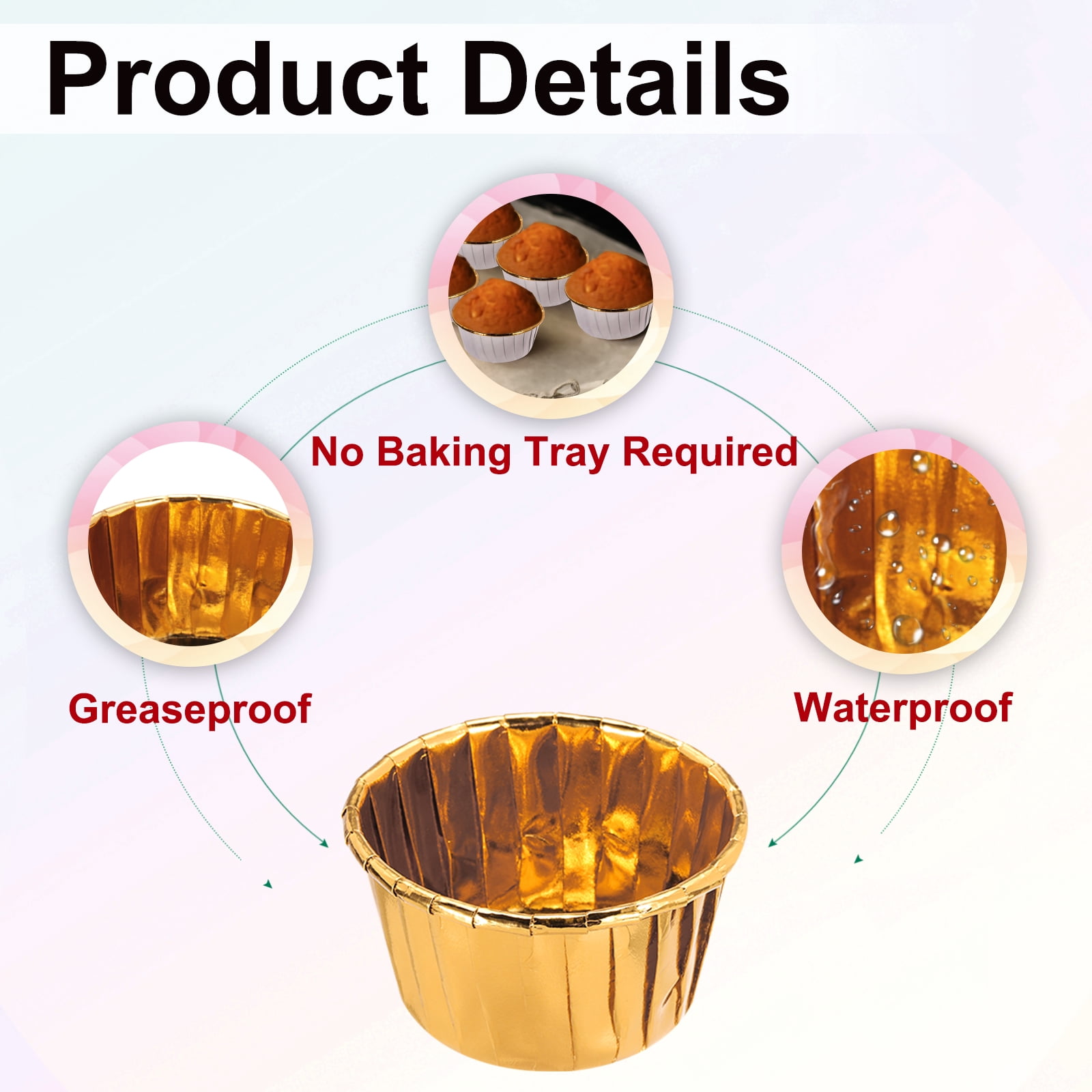 Unique Bargains 50Pcs Double-sided Aluminum Foil Cupcake Liners with Lids Gold 2.76"