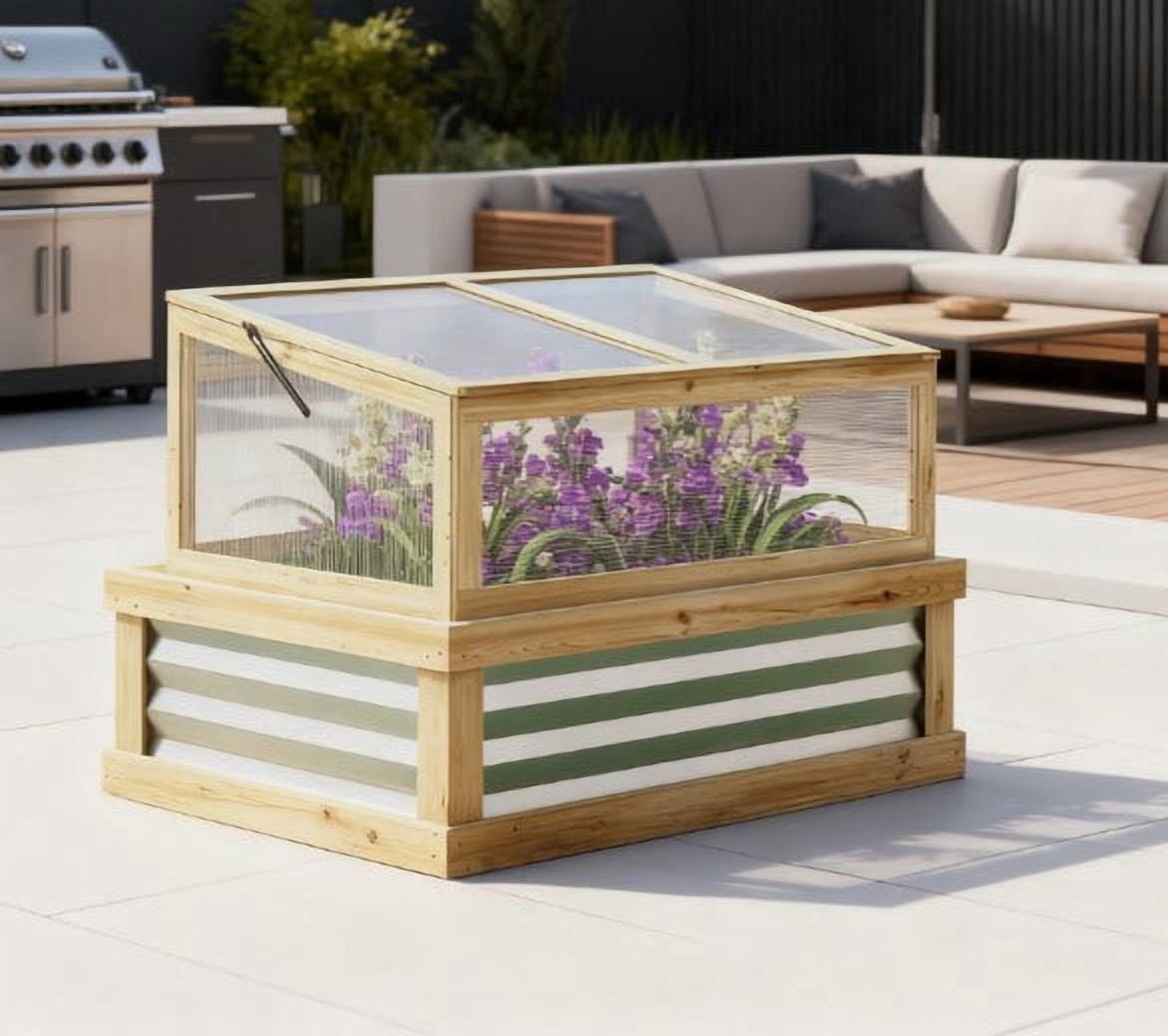Raised Garden Bed, Wooden Cold Frame Planter with Lean-to Greenhouse, Raised Garden Flower Bed Kit