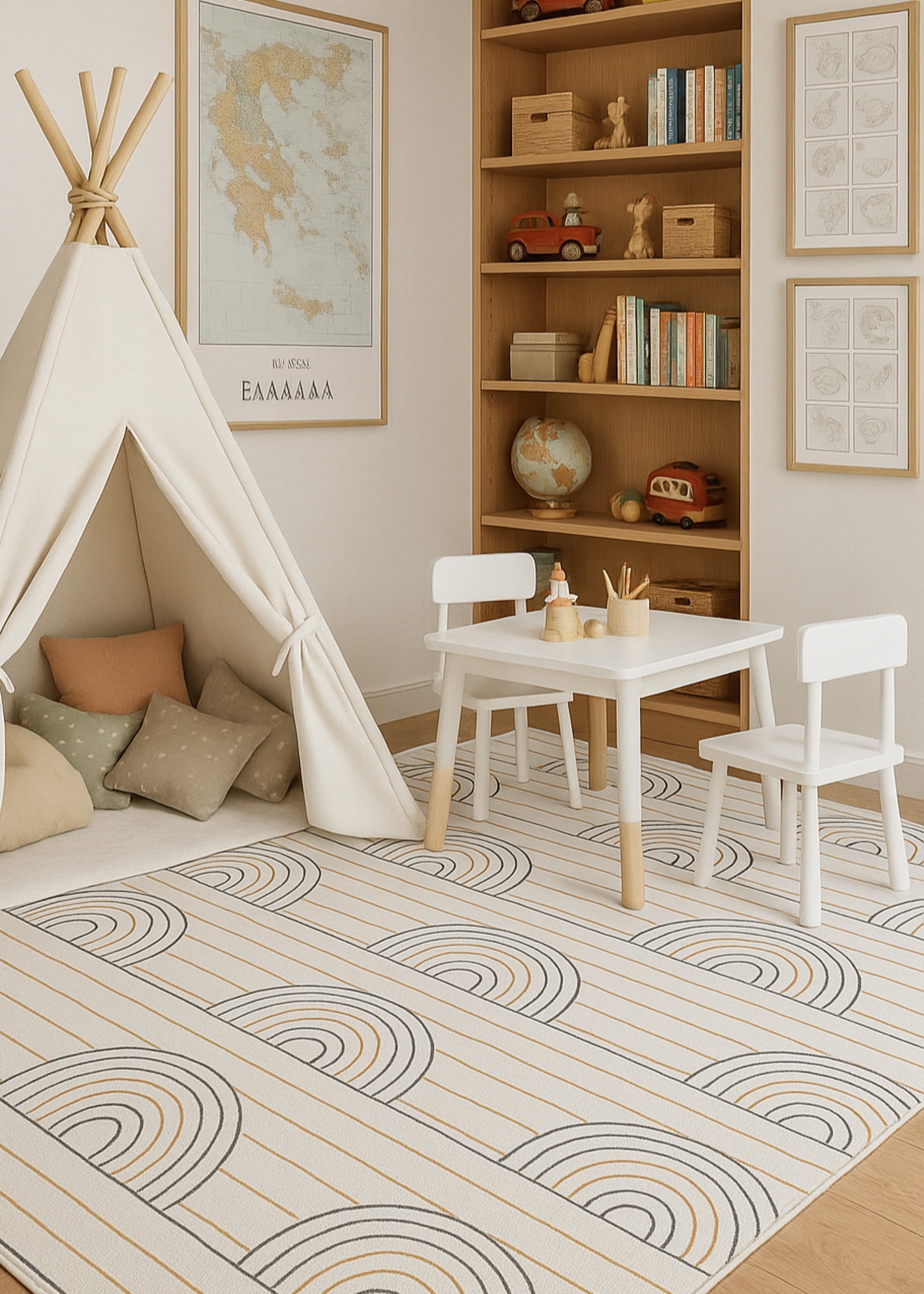 Tapis Branch Soft Steps Playtime a rayures colorees arc-en-ciel, bleu et rose - Garçons et filles dans la salle de jeux, la chambre d'enfant, la chambre