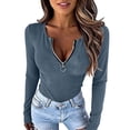 thumbnail image 6 of VEKDONE Womens Sexy Tops Long Sleeve Zipper V Neck Shirts Ribbed Knit Low Cut Tops Fall Stretch Slim Fit Shirts Solid Color Fashion Blouses Blue S, 6 of 6