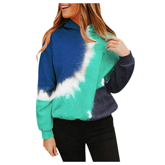 Fesfesfes Women Hooded Plus Size Tie-Dye Printed Gradient Pullover Long Sleeve Sweatshirt Top Tops on