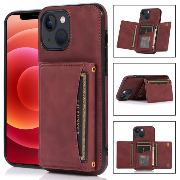 Allytech Slim Wallet Case for iPhone 13, Business Premium PU Leather Multi-Card Slots Anti-Drop Anti-Scratch Full Body Protection Kickstand Case for iPhone 13 - Winered