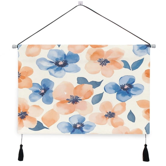 WOBOGO Pastel Peach and Blue Flowers Living Room Canvas Wall Art Bedroom Study Framed Canvas Print Artwork Home Office Decorations 24.5×16.7in