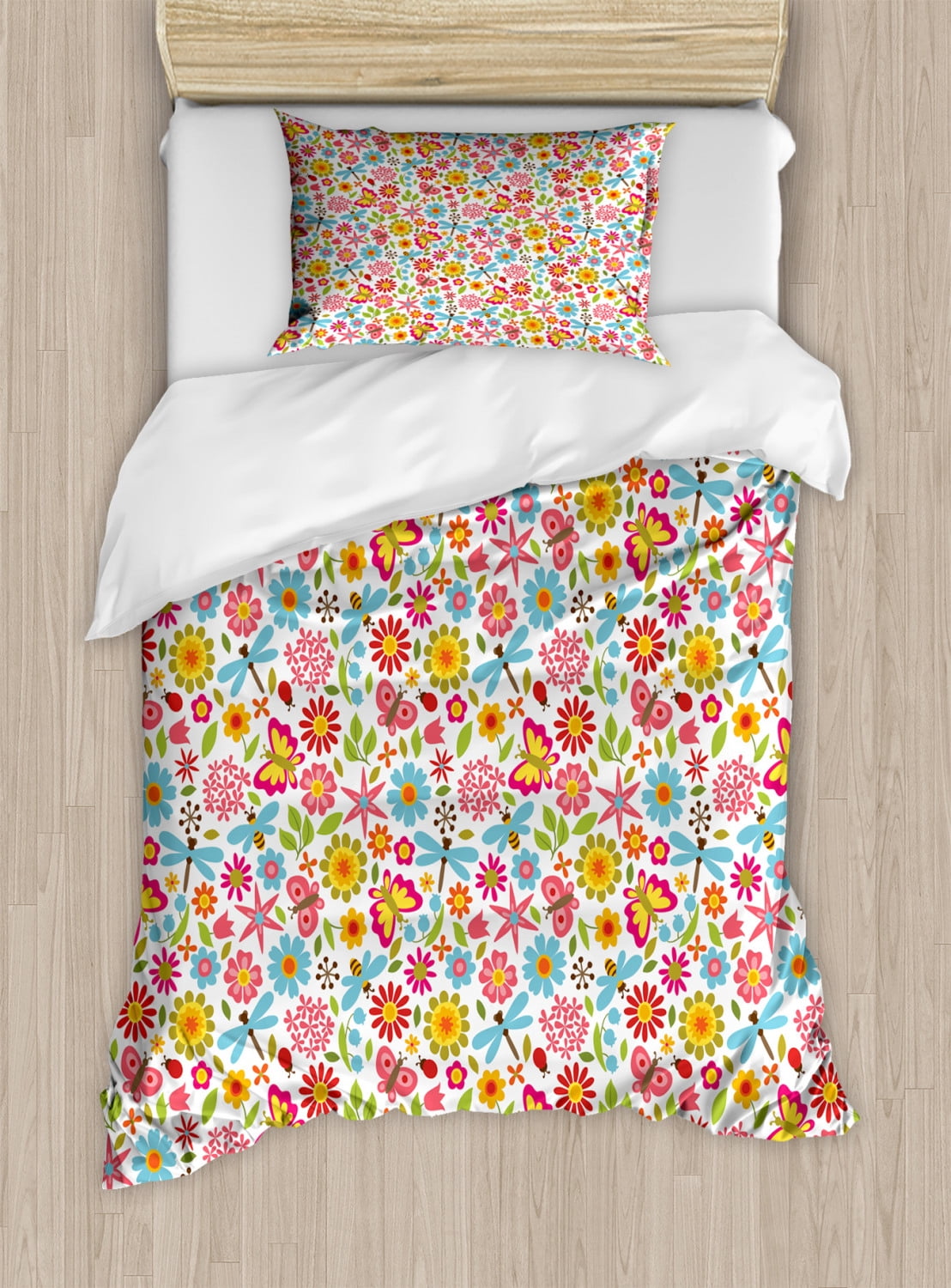 Floral Duvet Cover Set Twin Size, Flowers Butterflies Petals Beetles ...